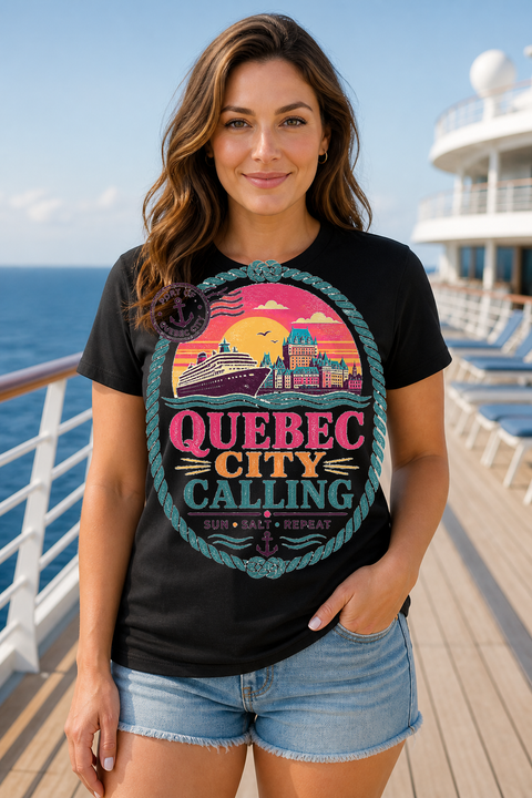 Female black T-shirt cruise deck mockup using exact CRUISE-0171 artwork