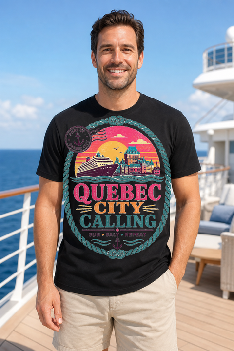 Male black T-shirt cruise deck mockup using exact CRUISE-0171 artwork