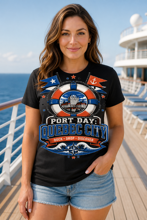 Female black T-shirt cruise deck mockup using exact CRUISE-0172 artwork