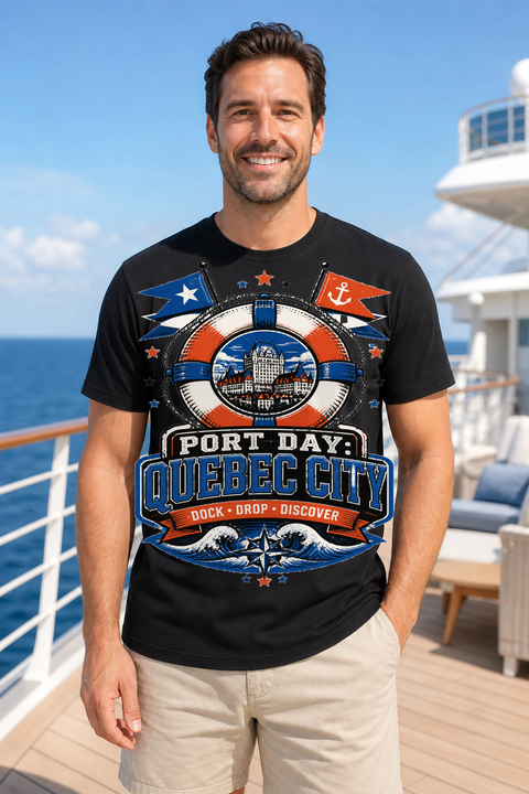 Male black T-shirt cruise deck mockup using exact CRUISE-0172 artwork