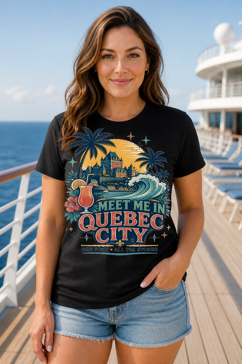 Female black T-shirt cruise deck mockup using exact CRUISE-0173 artwork