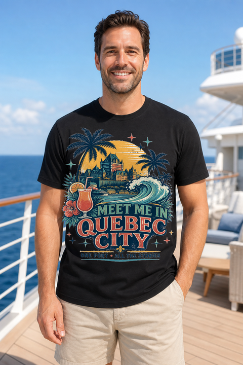 Male black T-shirt cruise deck mockup using exact CRUISE-0173 artwork