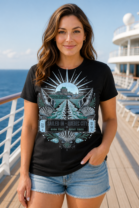Female black T-shirt cruise deck mockup using exact CRUISE-0175 artwork