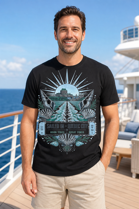 Male black T-shirt cruise deck mockup using exact CRUISE-0175 artwork