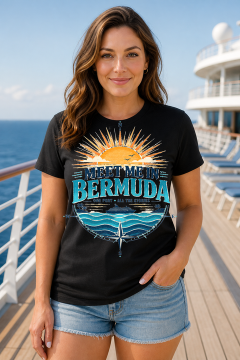 Female black T-shirt cruise deck mockup using exact CRUISE-0178 artwork