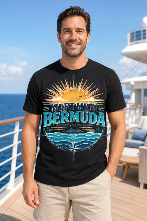 Male black T-shirt cruise deck mockup using exact CRUISE-0178 artwork