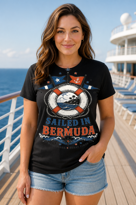 Female black T-shirt cruise deck mockup using exact CRUISE-0180 artwork