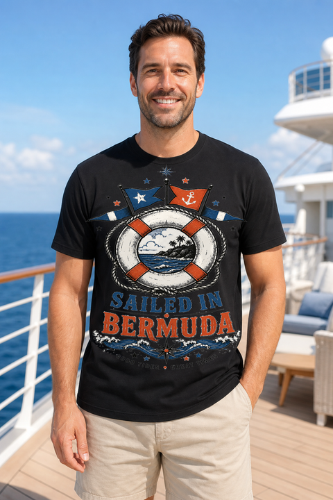 Male black T-shirt cruise deck mockup using exact CRUISE-0180 artwork