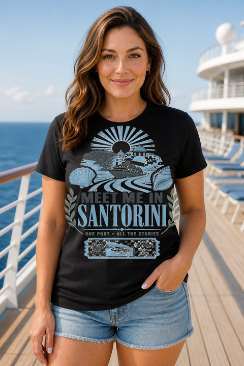 Female black T-shirt cruise deck mockup using exact CRUISE-0183 artwork
