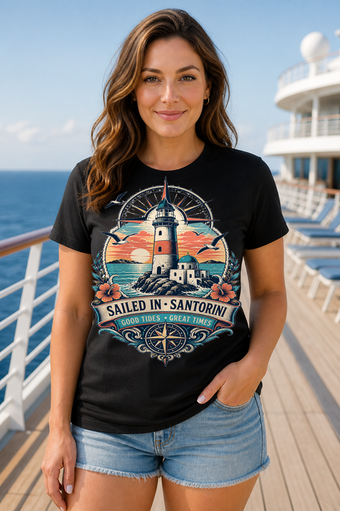 Female black T-shirt cruise deck mockup using exact CRUISE-0185 artwork