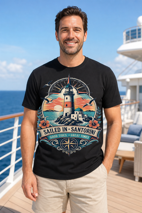 Male black T-shirt cruise deck mockup using exact CRUISE-0185 artwork