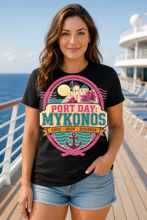 Female black T-shirt cruise deck mockup using exact CRUISE-0187 artwork