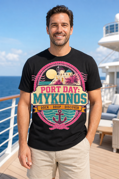 Male black T-shirt cruise deck mockup using exact CRUISE-0187 artwork
