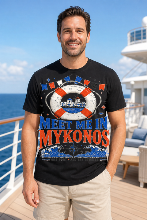 Male black T-shirt cruise deck mockup using exact CRUISE-0188 artwork