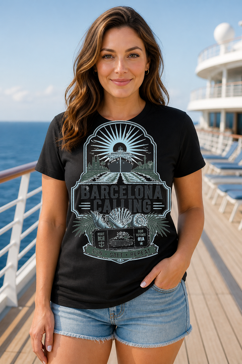 Female black T-shirt cruise deck mockup using exact CRUISE-0191 artwork