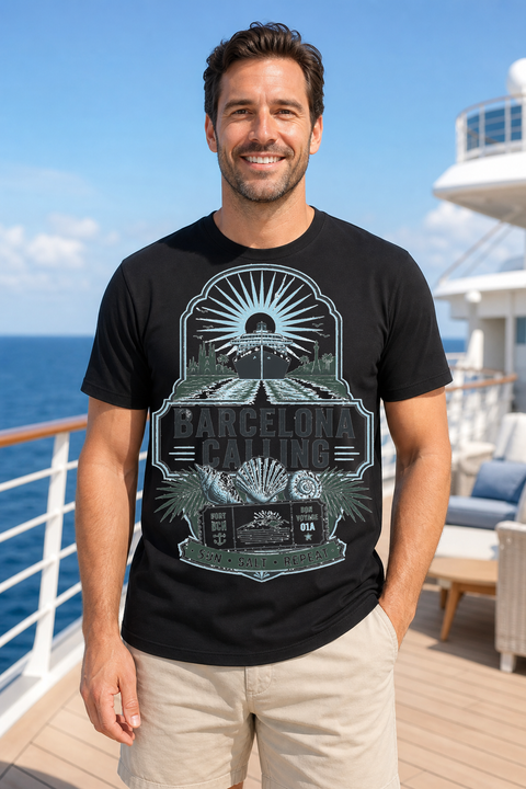 Male black T-shirt cruise deck mockup using exact CRUISE-0191 artwork
