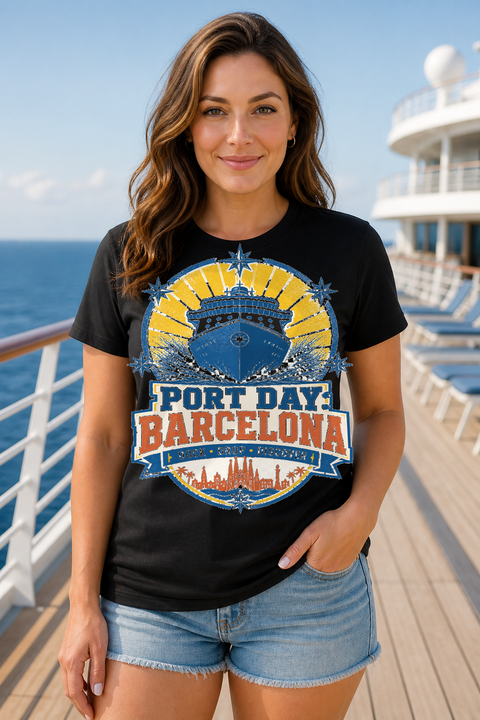 Female black T-shirt cruise deck mockup using exact CRUISE-0192 artwork