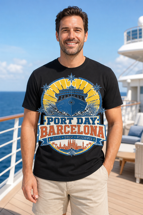 Male black T-shirt cruise deck mockup using exact CRUISE-0192 artwork