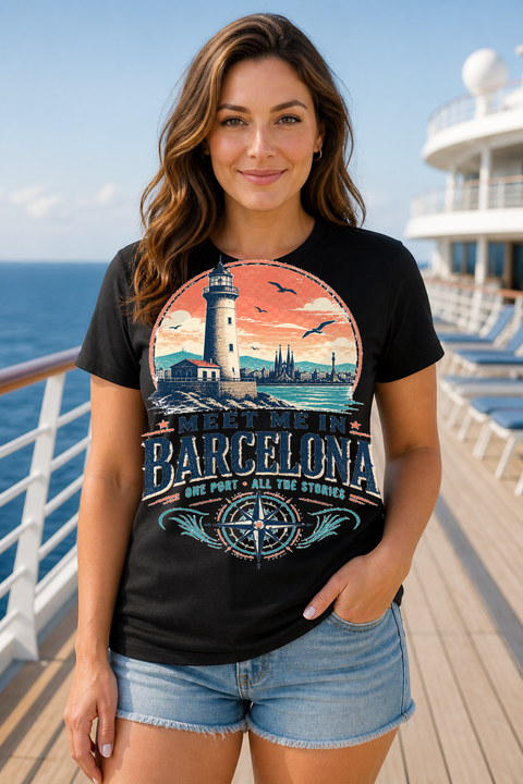 Female black T-shirt cruise deck mockup using exact CRUISE-0193 artwork