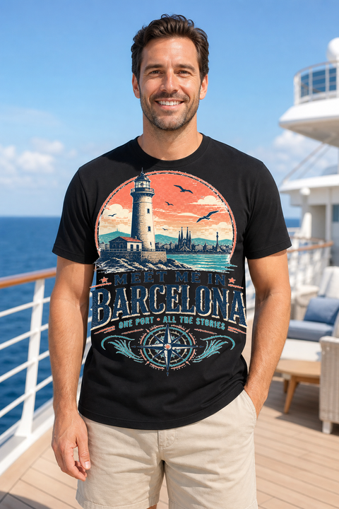 Male black T-shirt cruise deck mockup using exact CRUISE-0193 artwork
