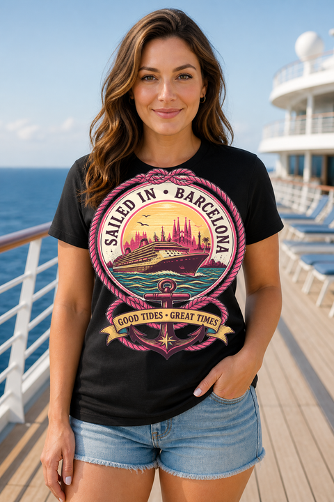 Female black T-shirt cruise deck mockup using exact CRUISE-0195 artwork