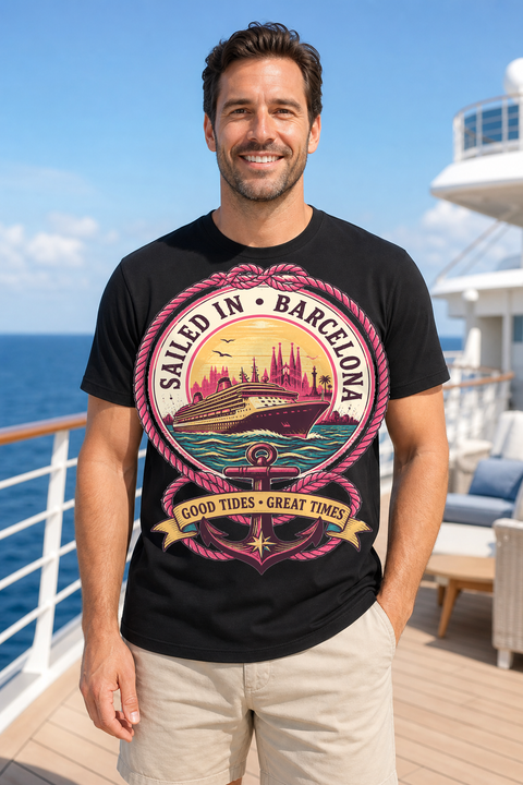 Male black T-shirt cruise deck mockup using exact CRUISE-0195 artwork
