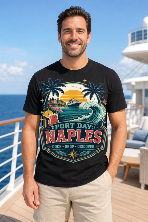 Male black T-shirt cruise deck mockup using exact CRUISE-0197 artwork