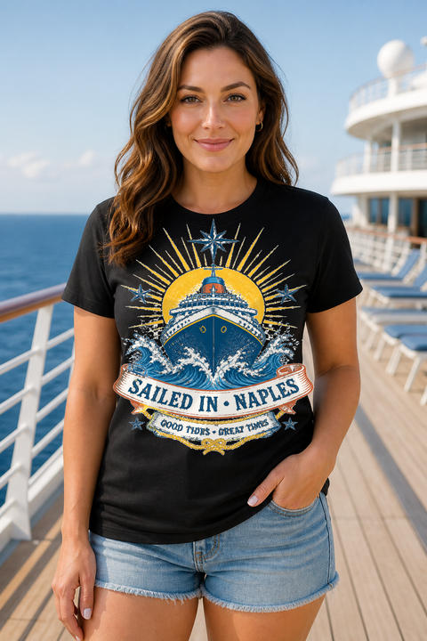 Female black T-shirt cruise deck mockup using exact CRUISE-0200 artwork