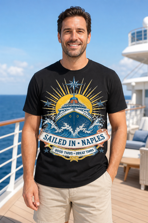 Male black T-shirt cruise deck mockup using exact CRUISE-0200 artwork