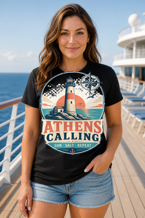Female black T-shirt cruise deck mockup using exact CRUISE-0201 artwork