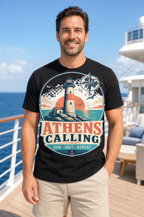 Male black T-shirt cruise deck mockup using exact CRUISE-0201 artwork