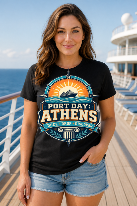 Female black T-shirt cruise deck mockup using exact CRUISE-0202 artwork