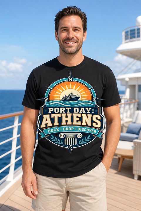 Male black T-shirt cruise deck mockup using exact CRUISE-0202 artwork