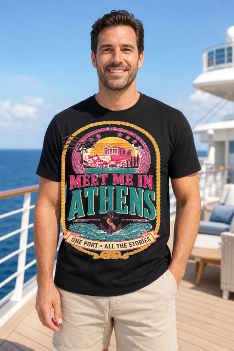 Male black T-shirt cruise deck mockup using exact CRUISE-0203 artwork