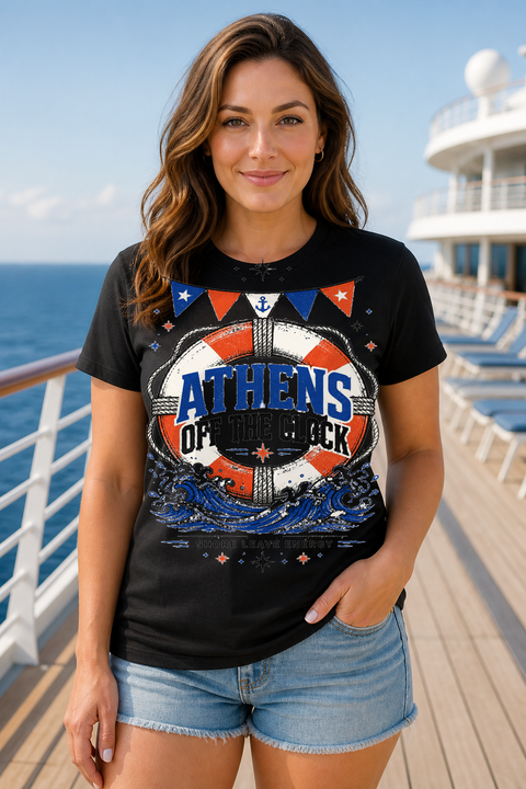 Female black T-shirt cruise deck mockup using exact CRUISE-0204 artwork