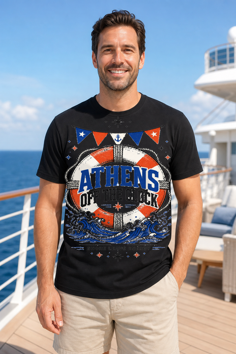 Male black T-shirt cruise deck mockup using exact CRUISE-0204 artwork