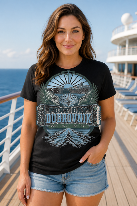 Female black T-shirt cruise deck mockup using exact CRUISE-0207 artwork