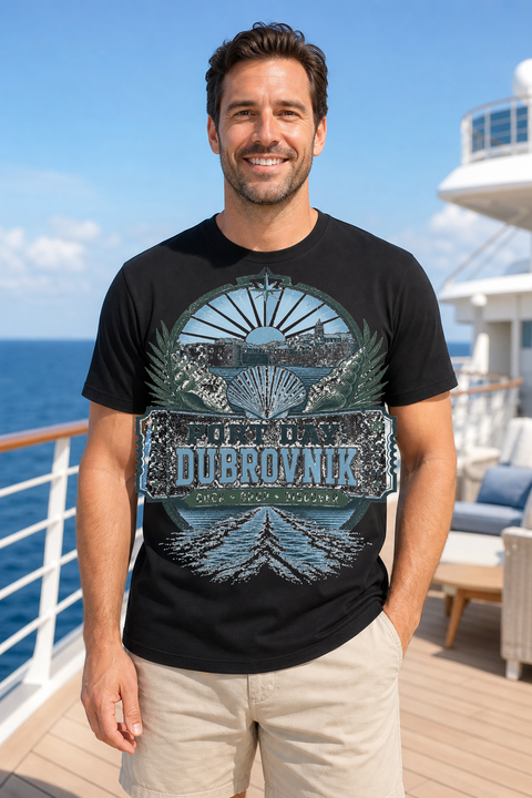 Male black T-shirt cruise deck mockup using exact CRUISE-0207 artwork