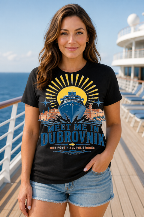 Female black T-shirt cruise deck mockup using exact CRUISE-0208 artwork