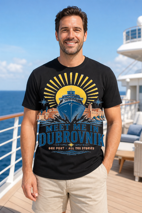 Male black T-shirt cruise deck mockup using exact CRUISE-0208 artwork