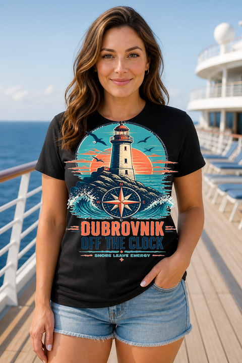 Female black T-shirt cruise deck mockup using exact CRUISE-0209 artwork