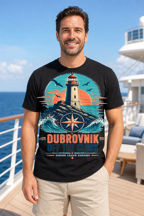 Male black T-shirt cruise deck mockup using exact CRUISE-0209 artwork