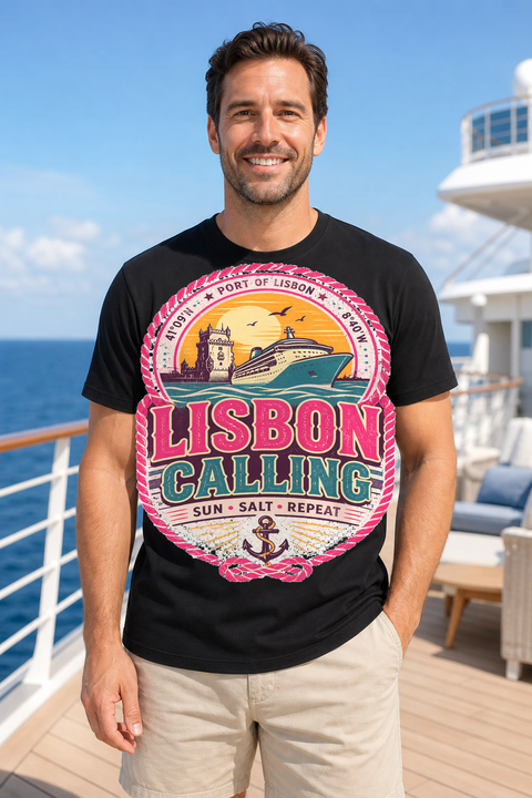 Male black T-shirt cruise deck mockup using exact CRUISE-0211 artwork