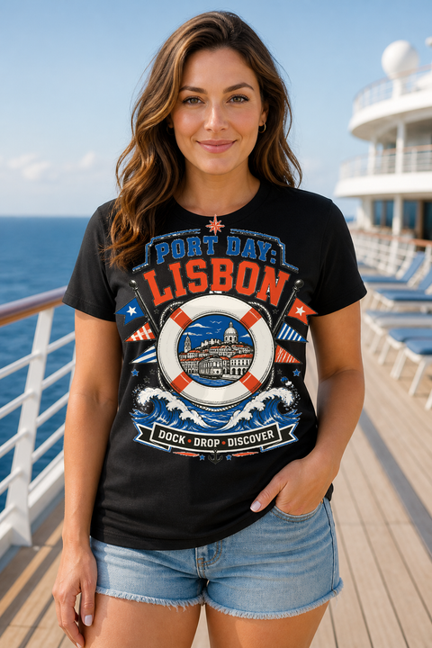 Female black T-shirt cruise deck mockup using exact CRUISE-0212 artwork