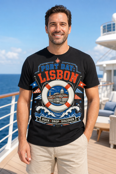 Male black T-shirt cruise deck mockup using exact CRUISE-0212 artwork