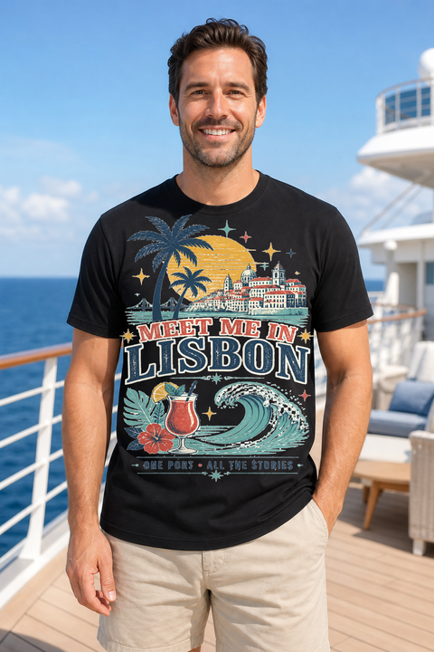 Male black T-shirt cruise deck mockup using exact CRUISE-0213 artwork