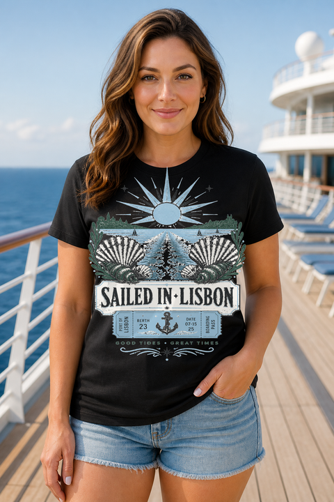 Female black T-shirt cruise deck mockup using exact CRUISE-0215 artwork