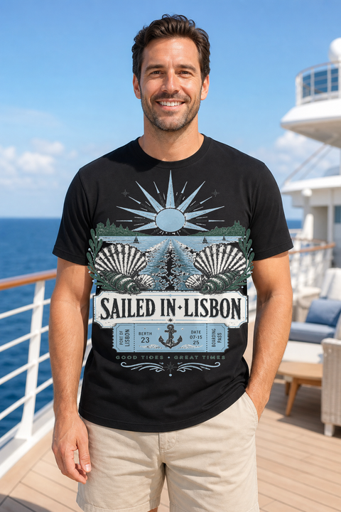 Male black T-shirt cruise deck mockup using exact CRUISE-0215 artwork