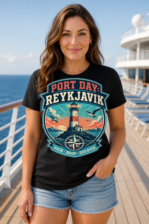 Female black T-shirt cruise deck mockup using exact CRUISE-0217 artwork