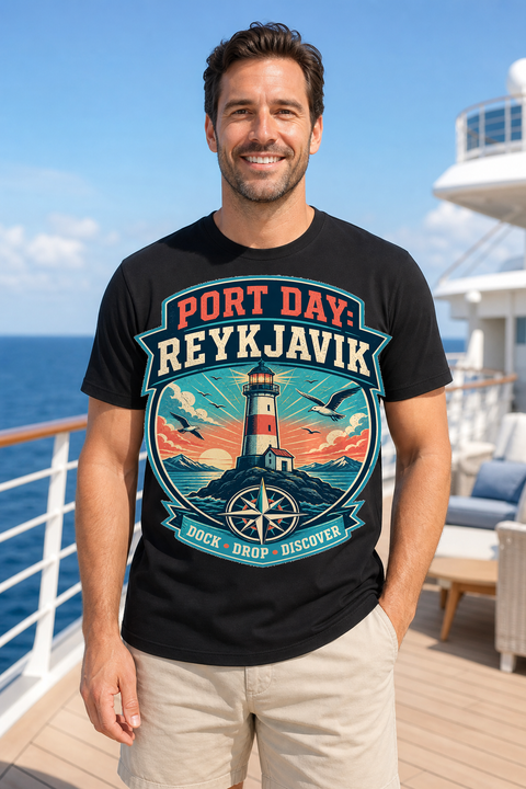 Male black T-shirt cruise deck mockup using exact CRUISE-0217 artwork